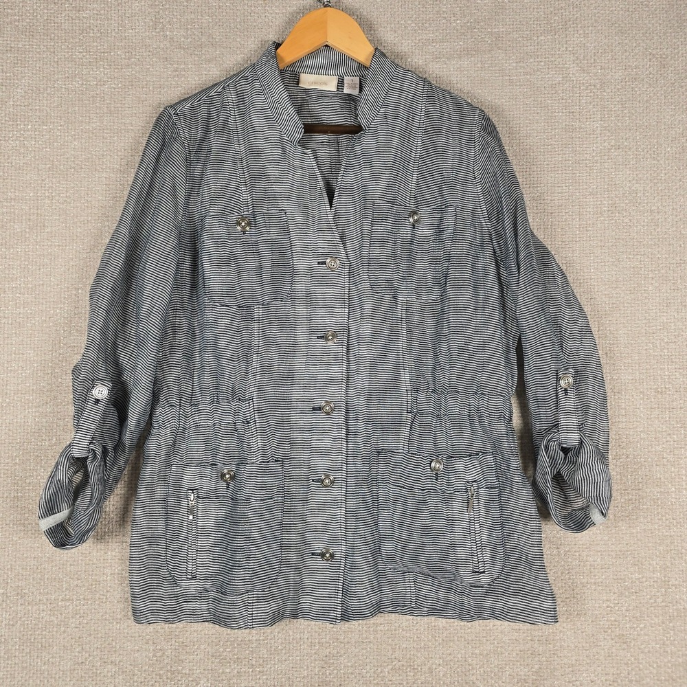 Chicos Linen Blend Striped Utility Jacket Navy White Roll Tab Sleeve Size 1